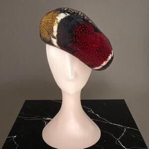 1950s Vintage Feather Tilt Hat Guinea Fowl Pheasant Vintage Percher Millinery